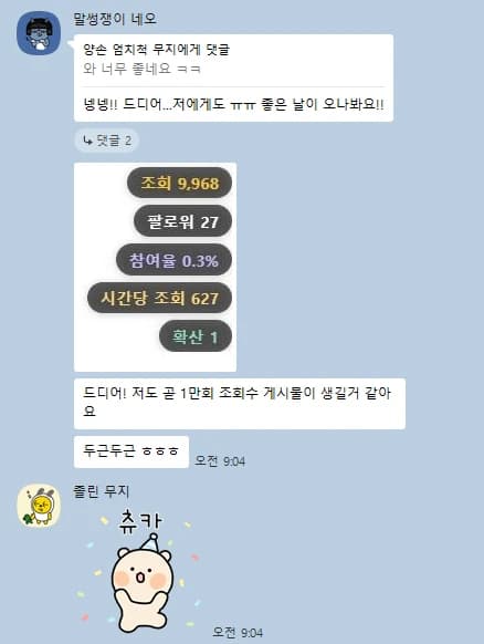 조회 9,968 성과 카드와 드디어 곧 1만회 조회 게시물이 생길 것 같다는 메시지