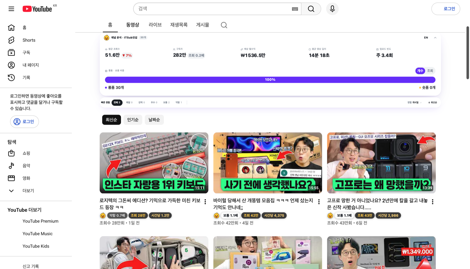 유튜브 채널 페이지 상단의 하입덕 채널 분석 리포트 — 평균 조회수·구독자·예상 월수익·업로드 빈도·롱폼 숏폼 비중